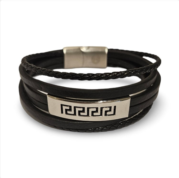 Stainless men’s black leather and Greek Key ID bracelet