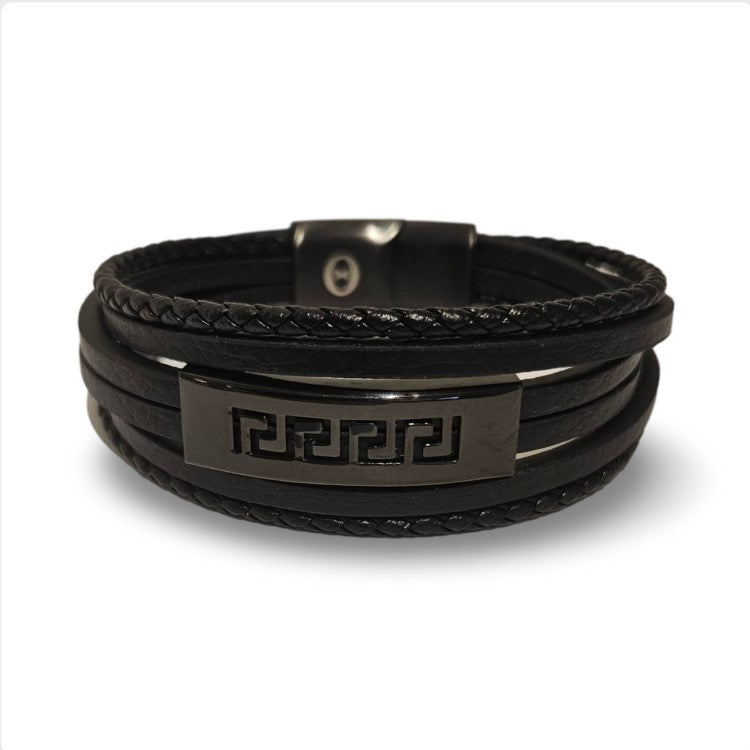 Stainless men’s black leather and Greek Key ID bracelet