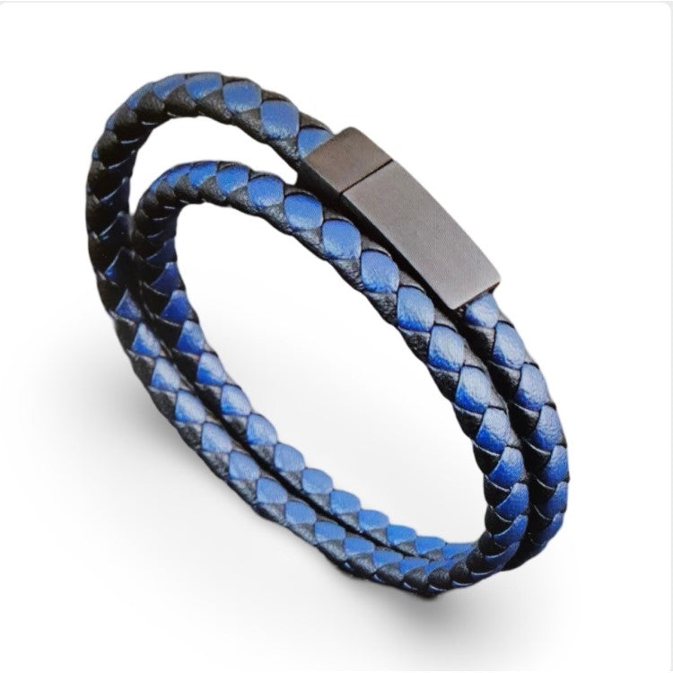 Black and Blue Woven Leather And Stainless Steel Bracelet