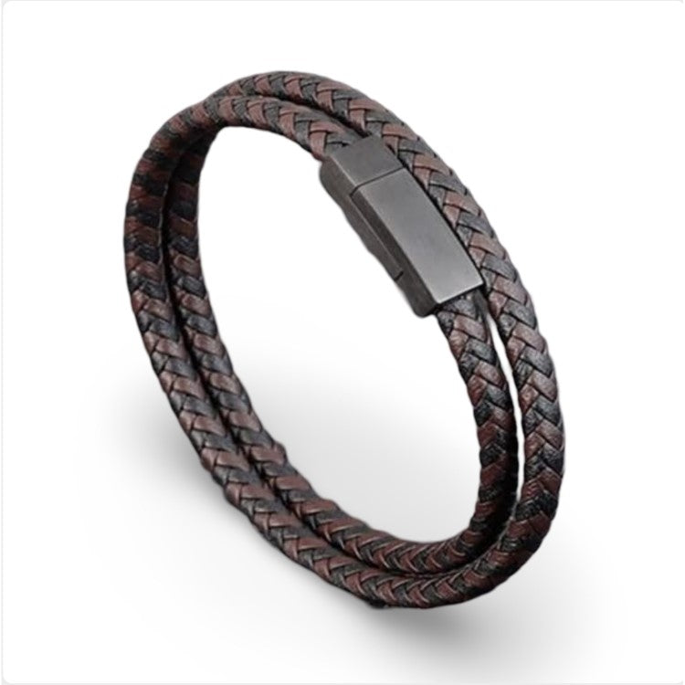 Black and Brown Woven Leather And Stainless Steel Bracelet