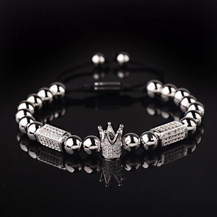 Stainless Steel  CZ Crown Macrame Adjustable Bracelet