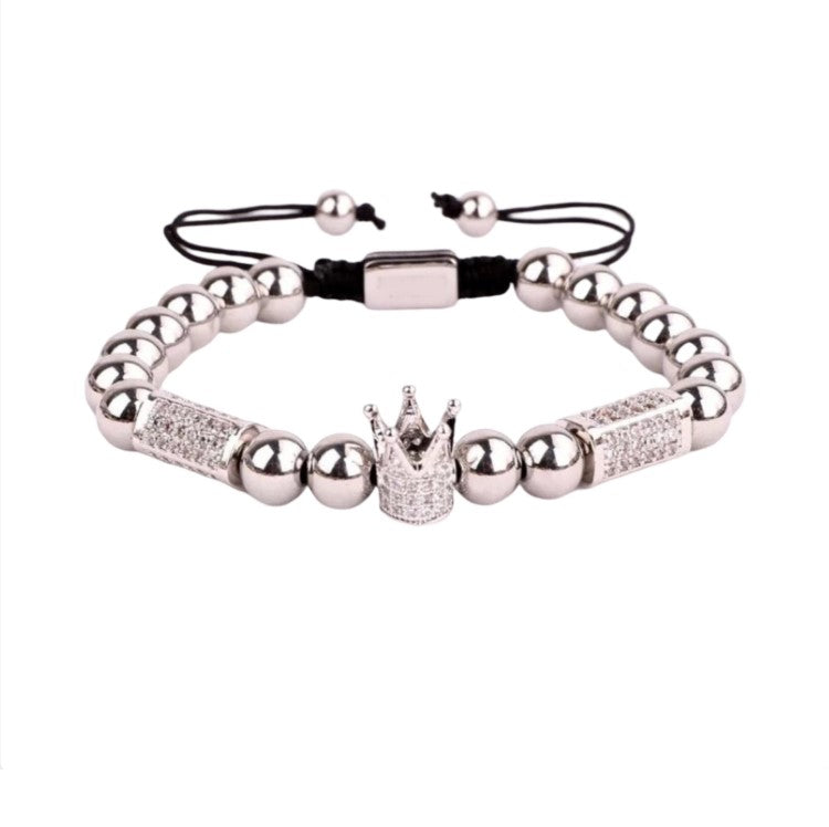 Stainless Steel  CZ Crown Macrame Adjustable Bracelet