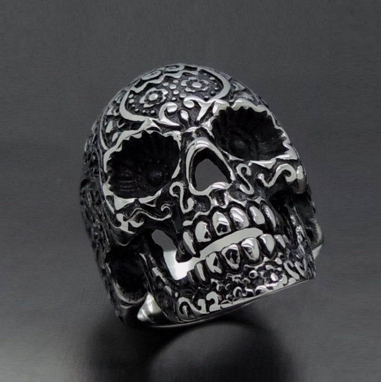 Stainless Steel Men's Gothic Flower Skull  Ring