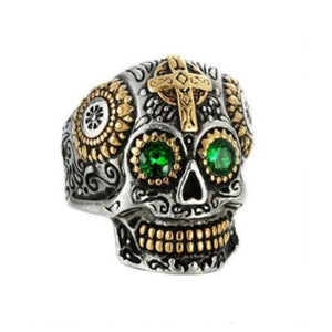 Stainless Steel Men's Skull Cross Ring Green CZ Eyes