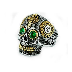 Stainless Steel Men's Skull Cross Ring Green CZ Eyes