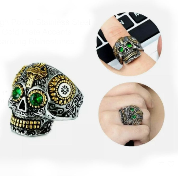 Stainless Steel Men's Skull Cross Ring Green CZ Eyes