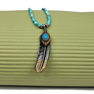 Stainless Steel Takahashi Goro Feather Pendant and Turquoise Necklace