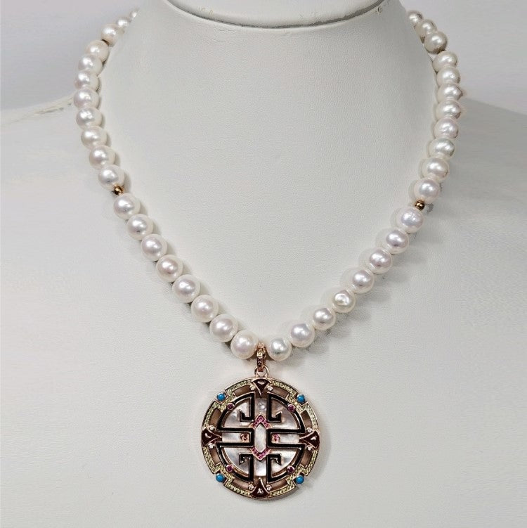 Chinese Longevity Baroque Freshwater Pearl Necklace with Pendant