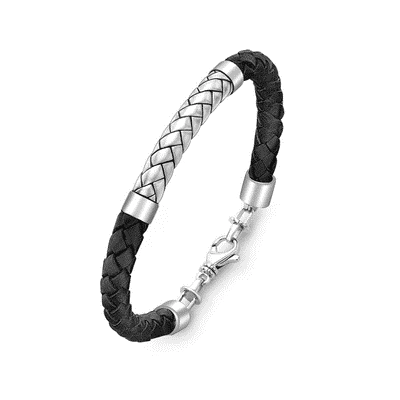 Hoxton London Men's Sterling Silver Herringbone Black Leather Bracelet - Theodore Designs